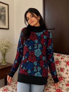 Rose Print Turtleneck Sweater
