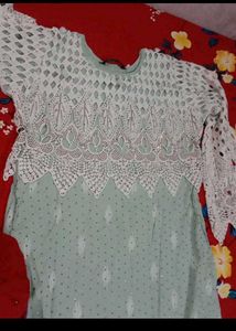 Elegant Mint Green Kurta Set with White Lace