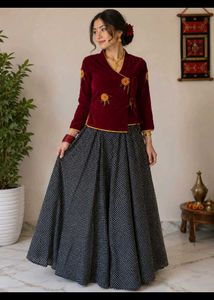 Elegant Red Velvet Embroidered Choli with Skirt
