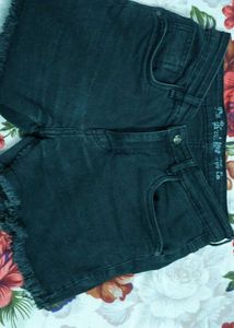 Black Denim Frayed Shorts