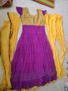 Girls Purple &amp; Yellow Anarkali Suit Set