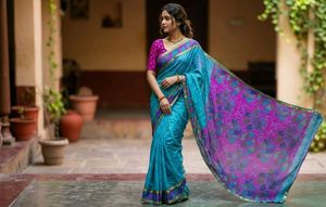 Vantage  Blue Saree with Pink Border