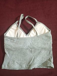 Gray Ribbed Button Up Crop Top