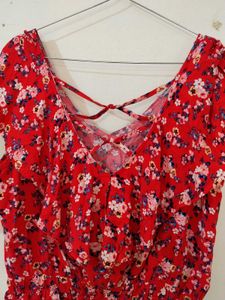 Red Floral Tie-Up Back Ruffle Top