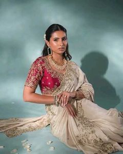 Elegant White &amp; Gold Embroidered Saree