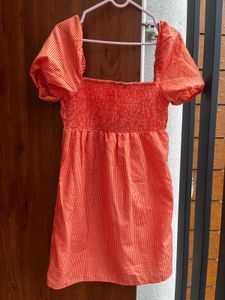 Orange Gingham Puff Sleeve Dress