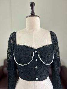 Black Lace Pearl Detail Puff Sleeve Top