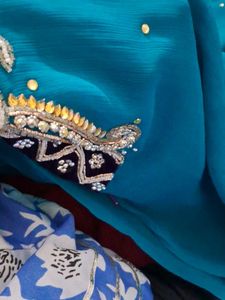 sky bluecolour georget with Violet velvet work bor