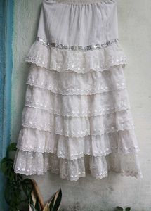 White Tiered Lace Embroidered Skirt