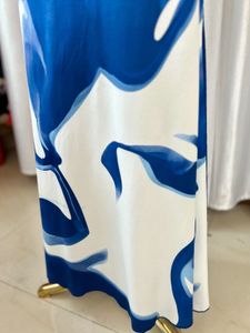 Elegant Off-Shoulder Blue &amp; White Maxi Gown