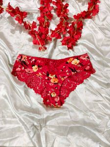 Floral Lace Trim Red Briefs