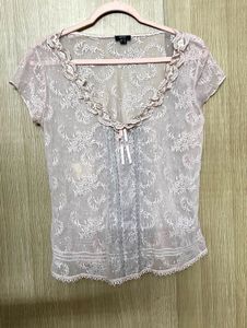 Coquette Romantic Sheer Lace Ruffle Neck Blouse
