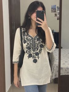 Embroidered Cream Short Kurta