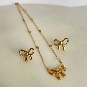 Anti-turnish Gold Bow Necklace and Earring Set