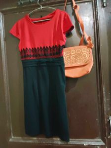 Chic Red &amp; Black Casual Dress and bag free
