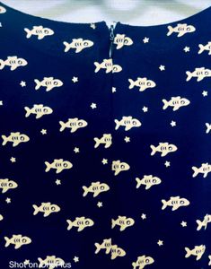 Navy Fish Print Jumpsuit with Waist String Tie-up
