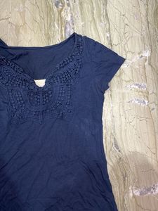 Navy Blue T-Shirt with Lace Neckline