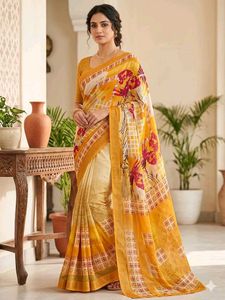 "Golden Yellow Georgette Saree with Floral Print &