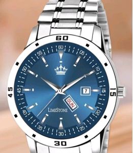 Analog Mens Watch,Day&amp; Date, Silver Metal Strap.