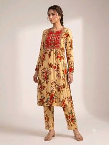 Beige Floral Print Kurta Set crushed material