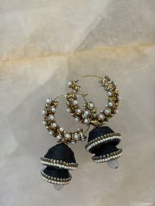 Black Jhumka Hoop Earrings with Pearls