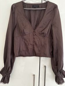 Brown V-Neck Button-Up Crop Top