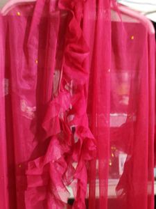 💗Ruffle Sheer Pink Dupatta with Embellishments