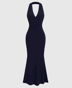 Elegant Navy Halter Neck Maxi Dress