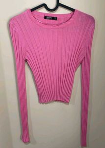 Pink Ribbed Long Sleeve Crop Top