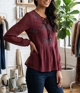 Antheaa burgundy Embroidered Swiss Dot Top - XS