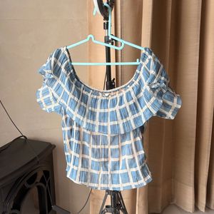 Blue &amp; White Checkered Off-Shoulder Top