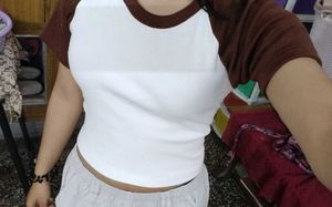 white Crop Top with brown Contrast Sleeves