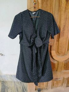 Black Polka Dot Front-Tie Mini Dress / Tunic Top