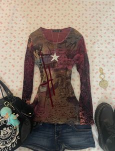 Y2K Graphic Print Mesh Top