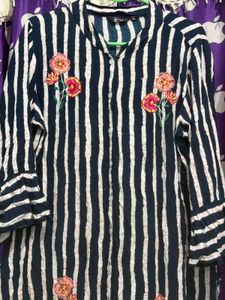 Striped Kurti with Floral Embroidery