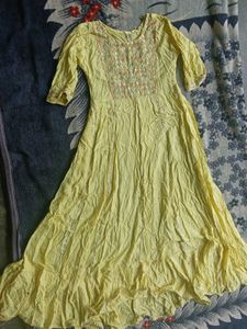 Yellow Anarkali Kurta with Mirror Work