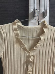 Ribbed Ruffle Button-Up Top