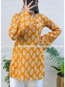 Mustard Yellow Printed Women Short Kurti