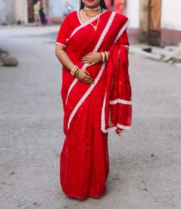 Exquisite Red Saree with Intricate Design Jamdani