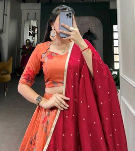 Vibrant Orange Floral Lehenga Choli with Red Dupat
