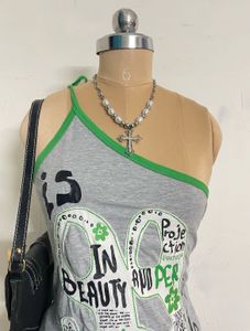 Grey Graphic Print One Shoulder Top