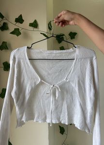 Ribbed White Tie-Front Cropped Top