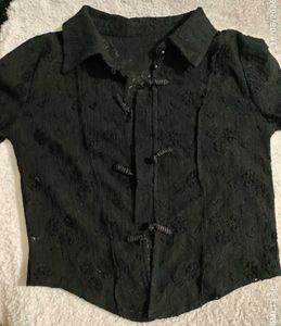 Black Embroidered Mandarin Collar Blouse