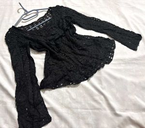 🎁Y2k Crochet Black Bell Sleeve Top M
