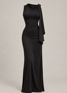 Elegant Black Draped Maxi Dress with Shoulder Sash
