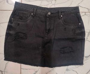 Black Denim Ripped Mini Skirt