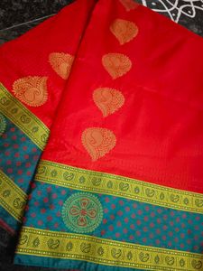 Vibrant Red Saree with Teal Border