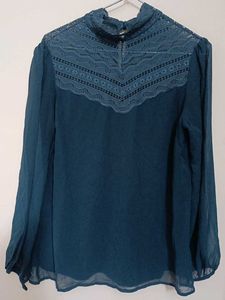 Elegant Teal Lace Neck Blouse