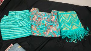 Teal Paisley Print Kurta Set with Scarf