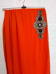 Burnt Orange Color Scarf With Embroidery Patch